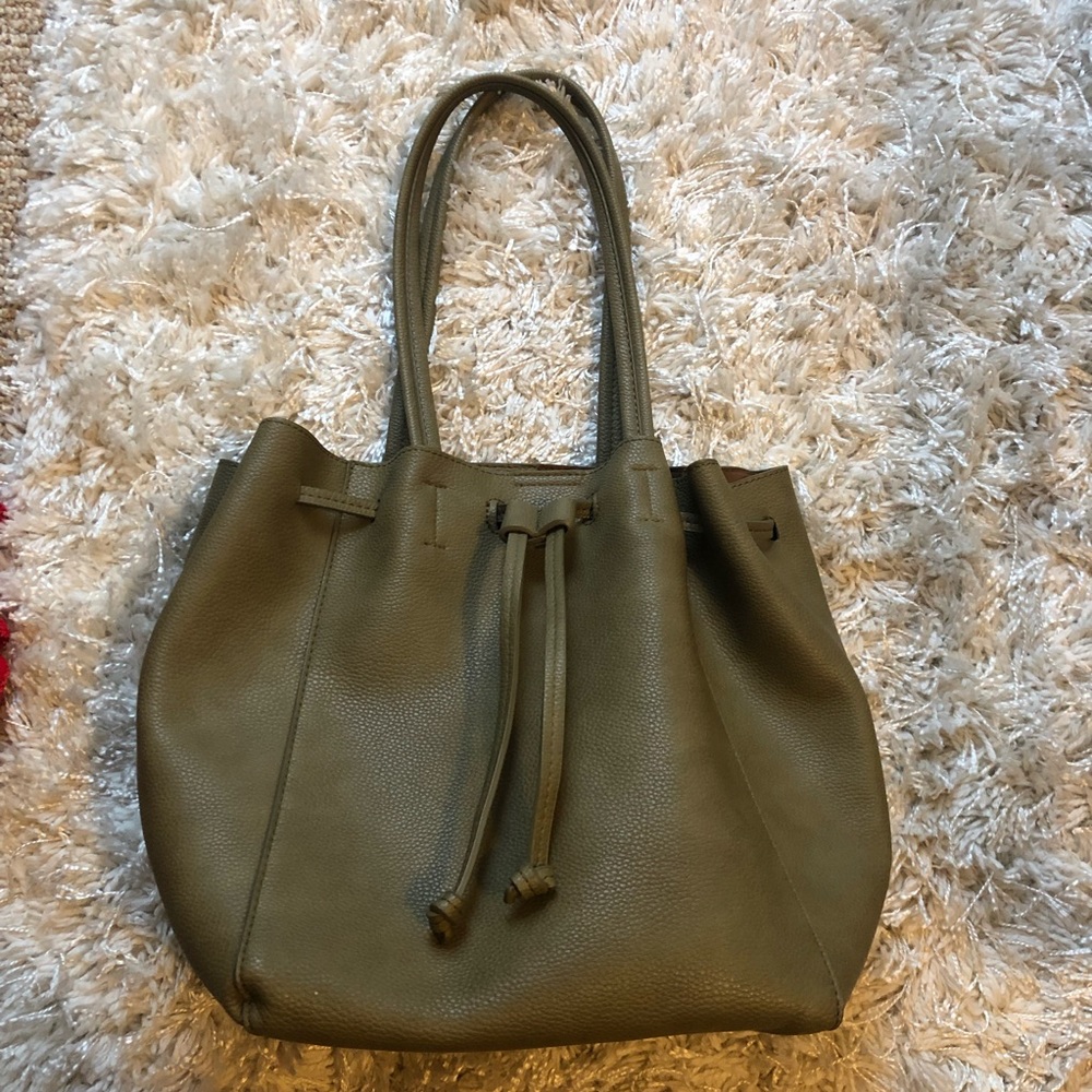 Anthropologie Olive Green Leather Drawstring Tote